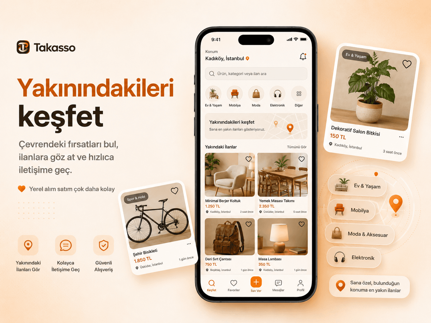 Takasso yerel ilan keşfetme ekranı